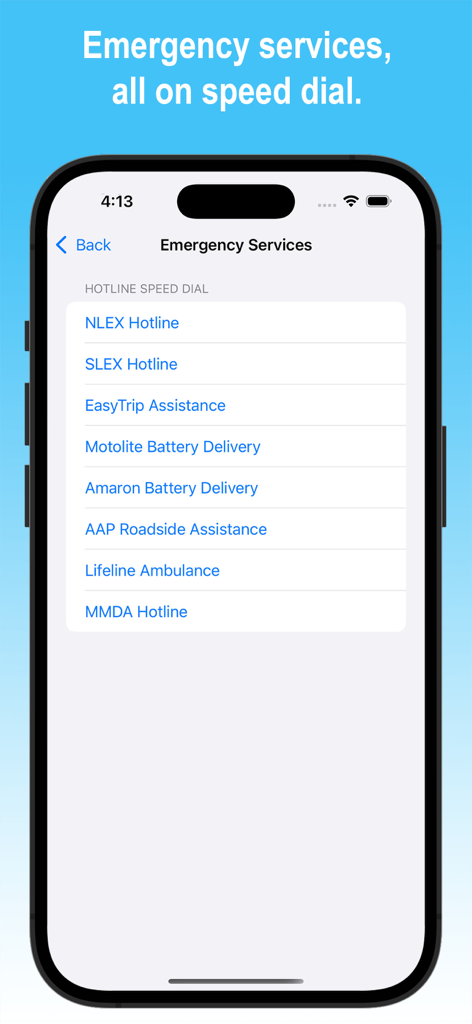RFID Wallet EasyTrip AutoSweep - A screenshot of the RFID Wallet app displaying a list of emergency hotline speed dials for Philippine tollways and roadside assistance.