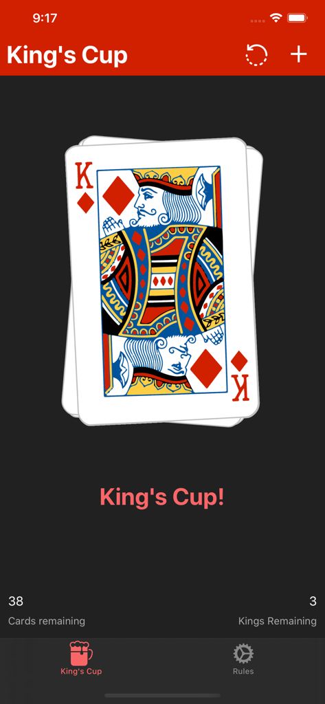 A screenshot of the King's Cup drinking game app showing a King of Diamonds card with game stats for remaining cards and kings.