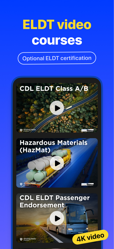 CDL Prep Practice Test Genie - CDL Prep Practice Test Genie app showing ELDT video courses for Class A B HazMat and Passenger endorsements