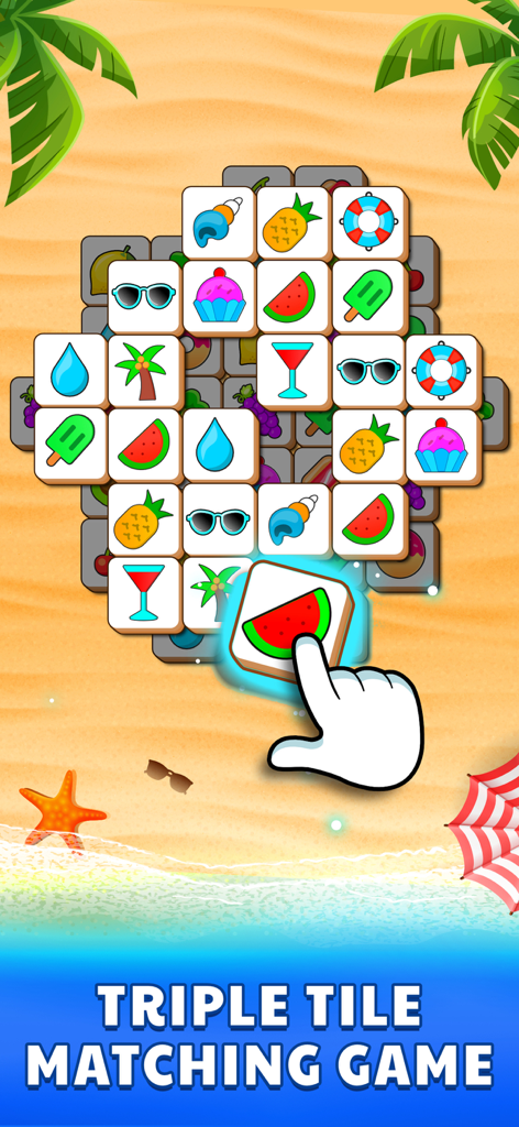 Tile Puzzle Game: Tiles Match - Un plateau de jeu de puzzle de triple association de tuiles présentant des icônes sur le thème de l'été sur un fond de plage.