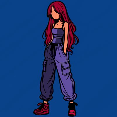 girl in baggy pants crop top and long hair