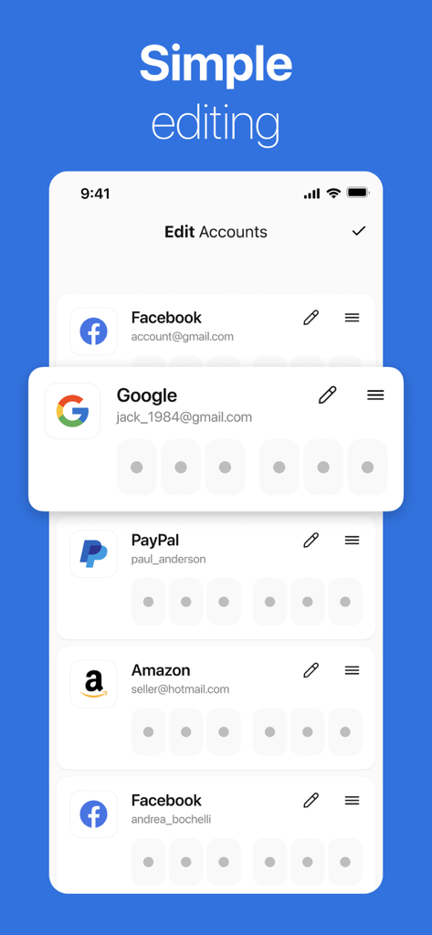 GoogleやPayPalなどの保護されたアカウントのリストと、簡単な編集および並べ替えオプションを表示するモバイルアプリのインターフェイス
