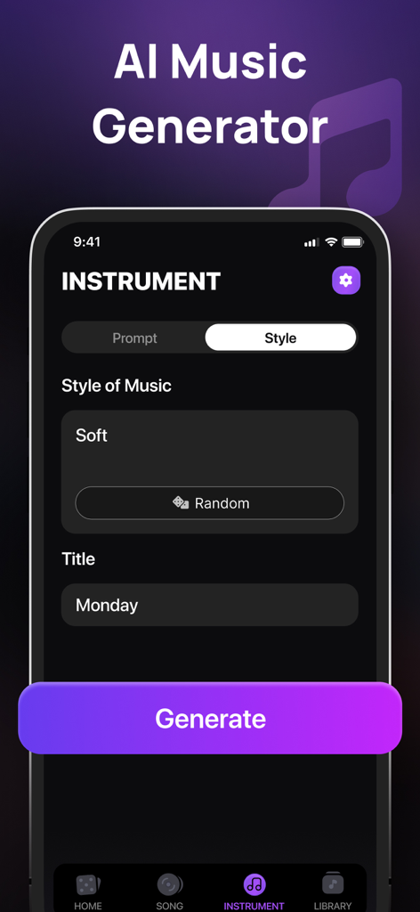 Interfaz de la aplicación Generador de Canciones con IA que muestra opciones de creación de instrumentos, incluida la selección de estilo musical