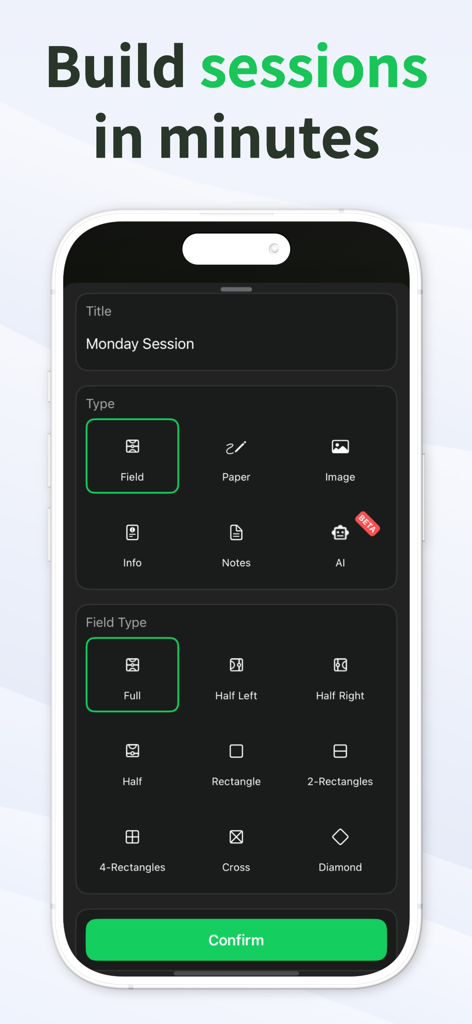Interface for building a futsal training session with options for field types and drill notes