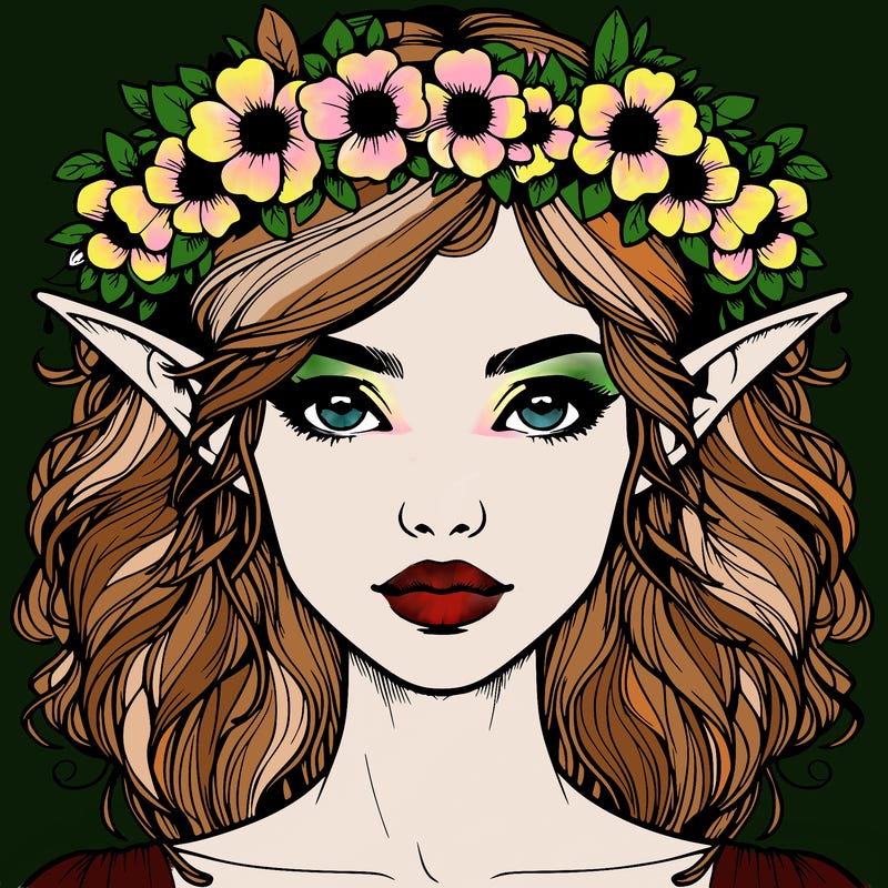 realistic female elf with flower crown