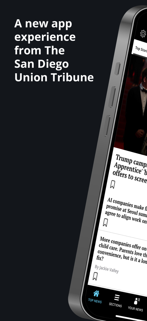 Smartphone displaying the San Diego Union-Tribune news app interface with top stories and navigation icons