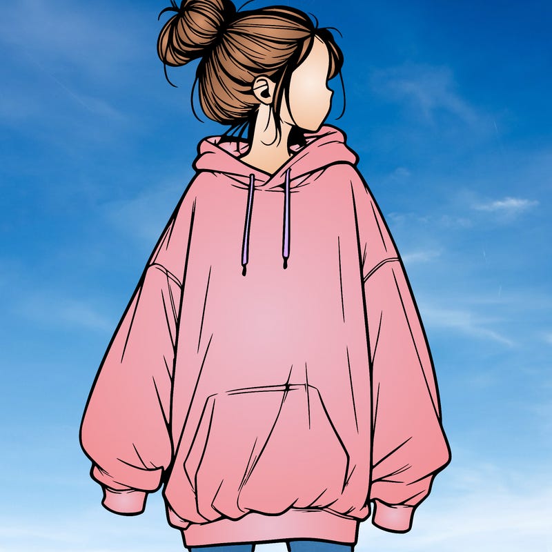 realistic girl with a oversized sweatshirt on and a bun