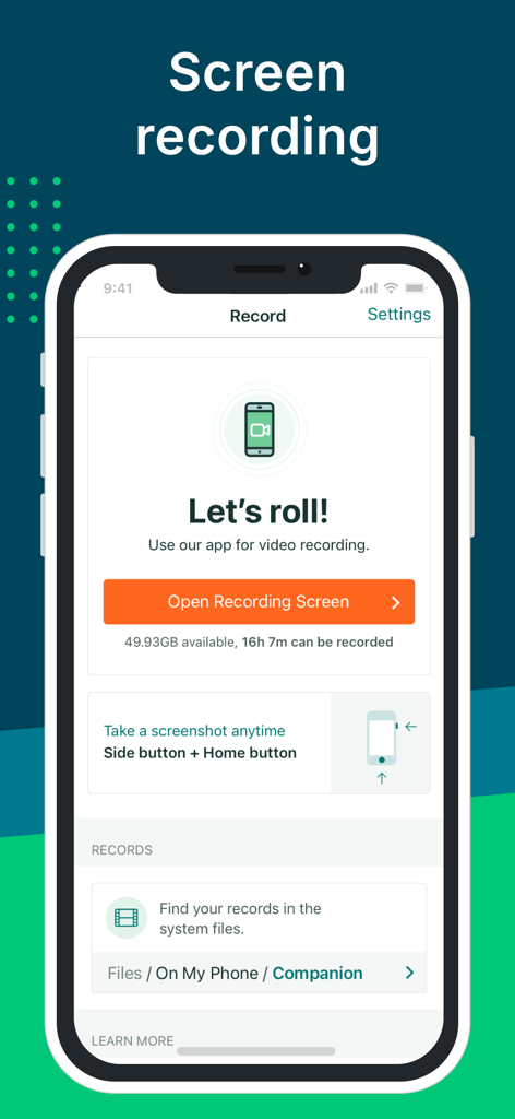 Testbirds Companion - Pantalla de la app Testbirds Companion mostrando opciones de grabación de video y estado del almacenamiento del dispositivo.