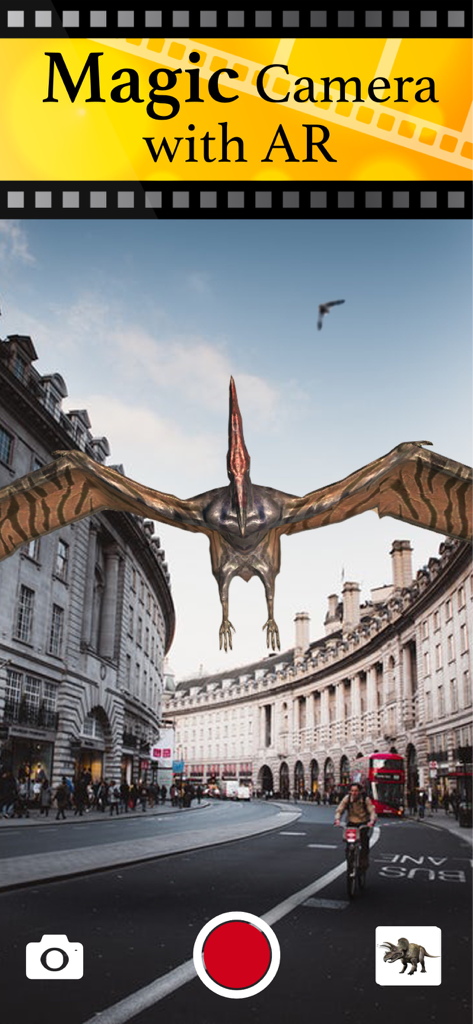 Jurassic AR Camera 3D Glasses - 拡張現実を使用して都市の通りに重ねられた、飛ぶプテラノドン恐竜