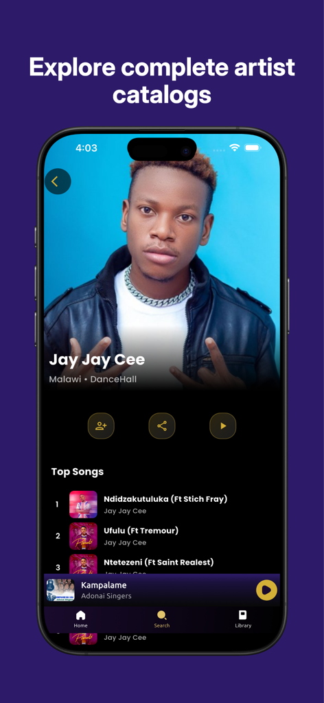 A screenshot of the AfroCharts app showing the artist profile for Jay Jay Cee with his top songs.