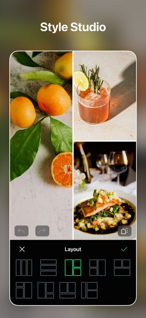 Snapix: Remove Objects Pro - Snapix app interface showing the Style Studio layout feature with a three-image photo collage of food and drinks