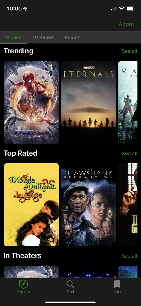 Nexus Movies & TV - Panel de la aplicación Nexus Películas y TV mostrando películas de tendencia y mejor valoradas