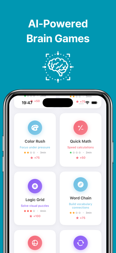 BrainFit Logic Puzzles & Focus - Interface de l'application BrainFit montrant des jeux cérébraux assistés par IA, y compris Color Rush et Quick Math