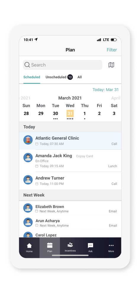 ZAIDYN Field Insights app Plan screen displaying a schedule of healthcare provider appointments and a calendar view