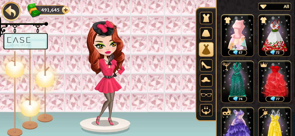 Fashion Cup - Dress up & Duel - Character customization screen in Fashion Cup app featuring a stylish avatar and dress selection menu