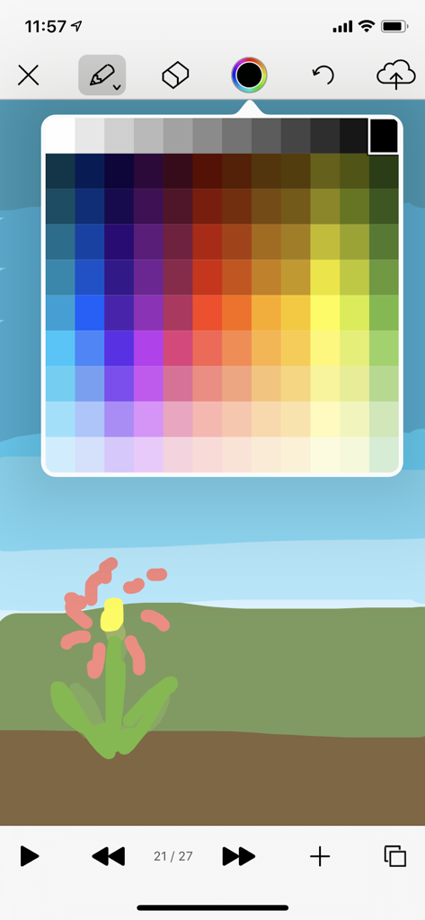 AnimeMaker Pro drawing interface showing a color picker palette over a simple flower illustration
