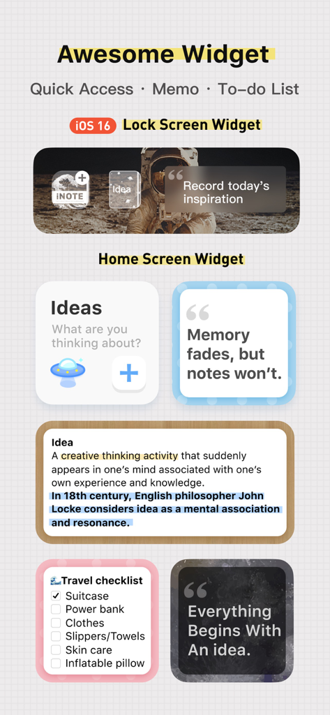 iNote - ideas Note & Notebook - Showcase of aesthetic lock screen and home screen widgets for iNote including quotes checklists and inspiration notes