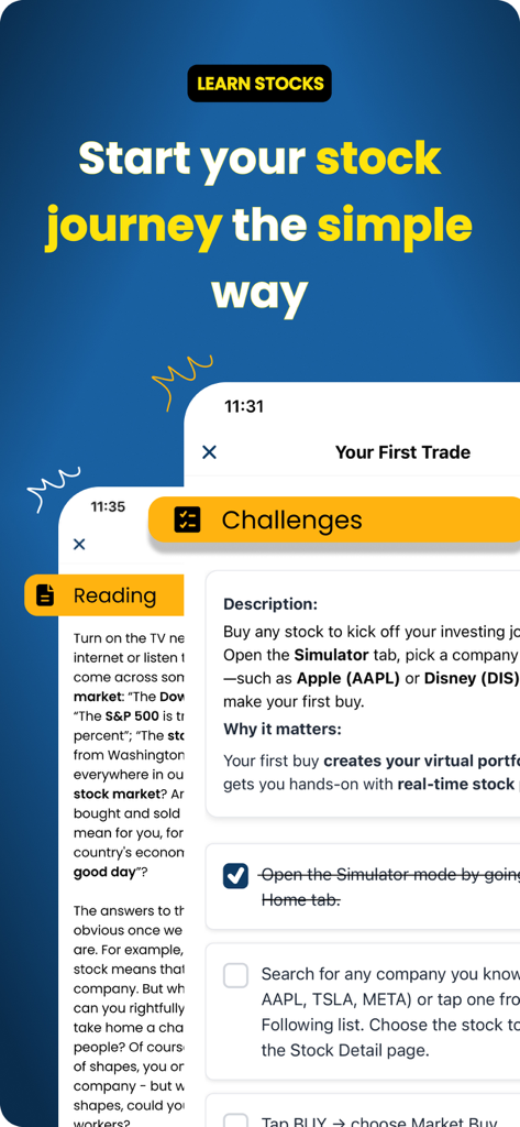 Finademy: Learn Stock Basics - Interfaz de la aplicación móvil Finademy que muestra lecciones del mercado de acciones y desafíos de trading