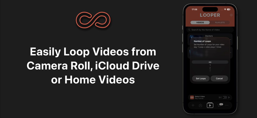 Looper - Pantalla de la aplicación Looper mostrando la configuración de repetición de vídeo en el iPhone