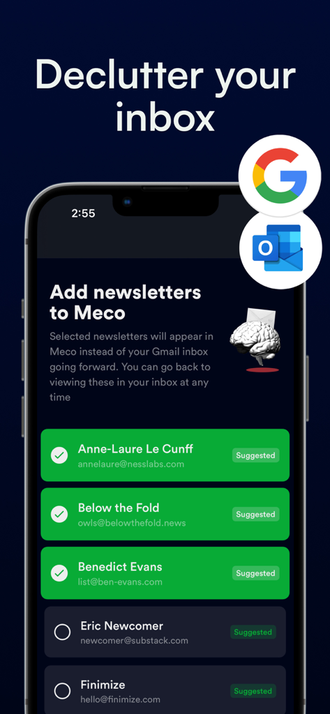 Newsletter Reader by Meco - Meco app interface showing how to declutter your inbox by importing newsletters from Gmail and Outlook