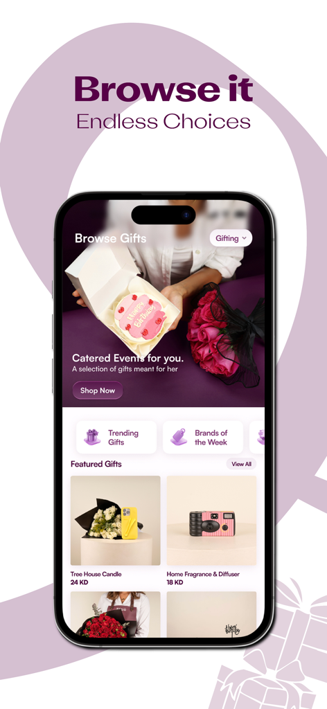 Mawada مودة - Mawada mobile app screen displaying curated gift categories and featured items like candles and diffusers