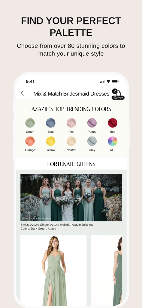 Interfaz de la aplicación Azazie que muestra los colores de vestidos más populares y una colección de vestidos de dama de honor verdes para la planificación de bodas.