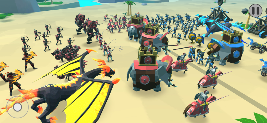 Epic Battle Simulator 2 - Gameplay screenshot of Epic Battle Simulator 2 featuring dragons and armored elephants in a desert battle