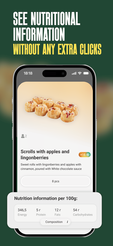 Papa Johns app interface displaying nutritional facts for apple and lingonberry scrolls