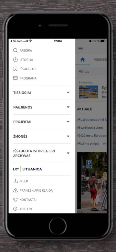 LRT.lt - Navigation menu of the LRT.lt mobile news app showing various content categories in Lithuanian.