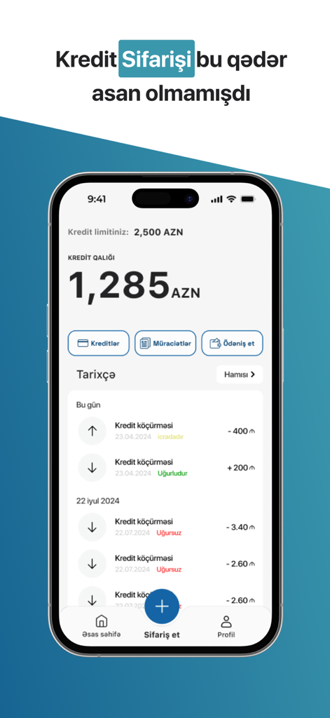 City Finance Mobile - Dashboard der City Finance Mobile App zeigt einen Kreditbetrag von 1.285 AZN und die Transaktionshistorie in Aserbaidschan.