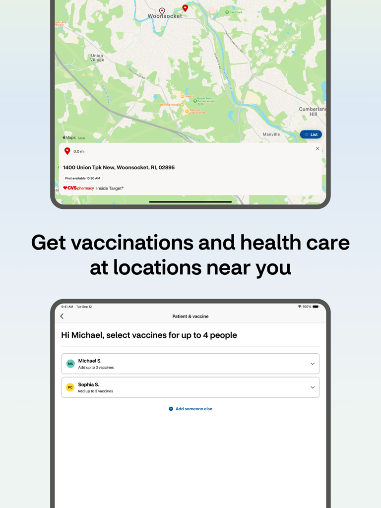 CVS - 複数の家族メンバーの予防接種をスケジュールするための画面と、クリニックの場所の地図が表示されたCVSアプリのインターフェース。