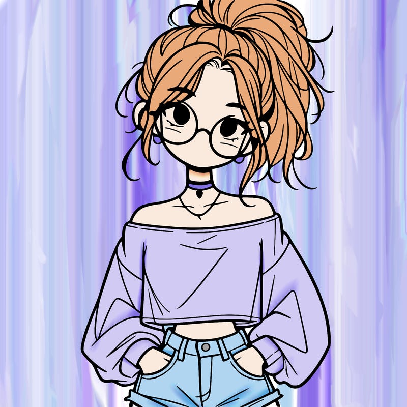 girl with a messy ponytail glasses a baggy crop top and jean shorts