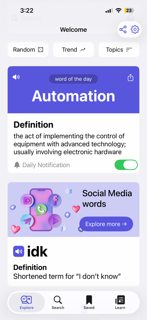 The explore screen of the English Dictionary Offline app featuring the word of the day Automation and social media slang definitions