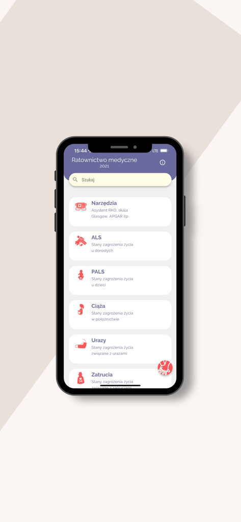 Main menu of the Ratownictwo Algorytmy mobile app displaying medical emergency protocols and life support categories