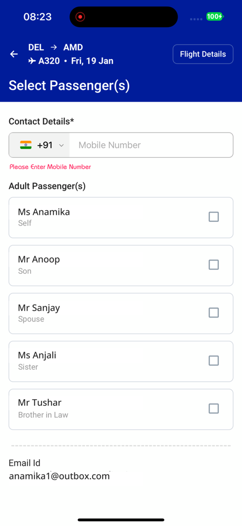 A screen from the 6E Breez Lite app showing the passenger selection step for IndiGo staff travel bookings.