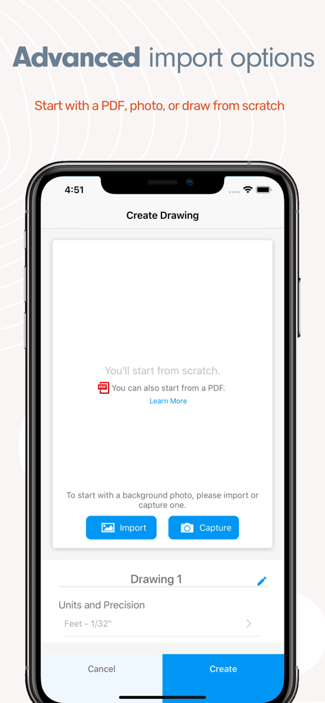 Interfaccia per la creazione di un nuovo disegno in ArcSite con opzioni per importare un PDF, acquisire una foto o iniziare da zero.