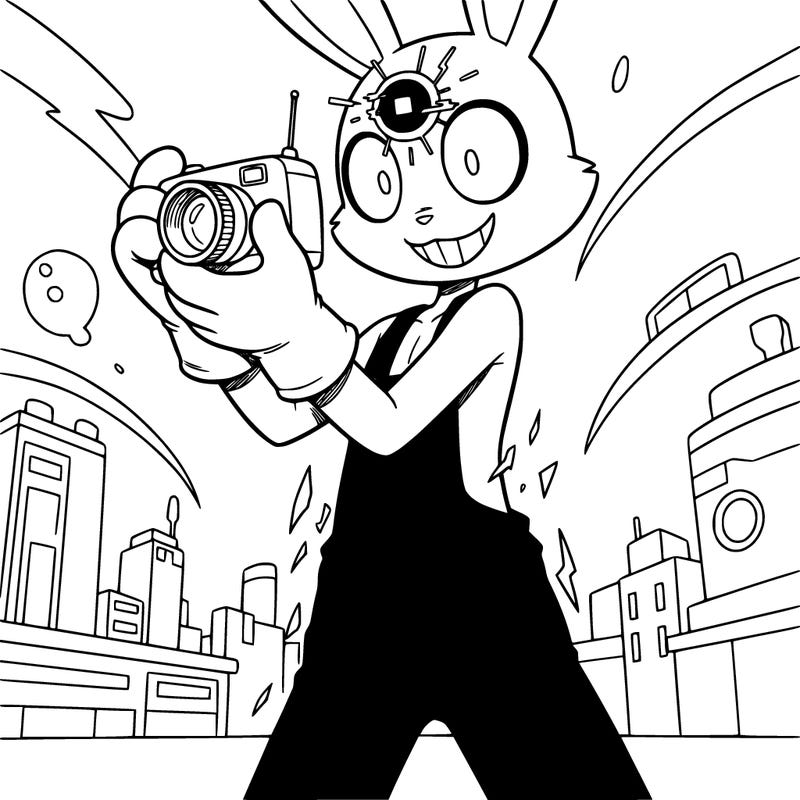 a bunny smiling with pink overalls with a eye on his forehead that’s glitching out he is tall holding the camera up to his face and looking like he is about to abstract with yellow cartoon-like gloves but he has no fur on him whatsoever and he also has these eyes that are like this 👁️but they have no pupils except for a square of black so yeah he’s from tadc and his name is jax, please make this look like him