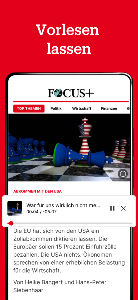 La aplicación de noticias FOCUS plus que muestra su función de texto a voz en un dispositivo móvil