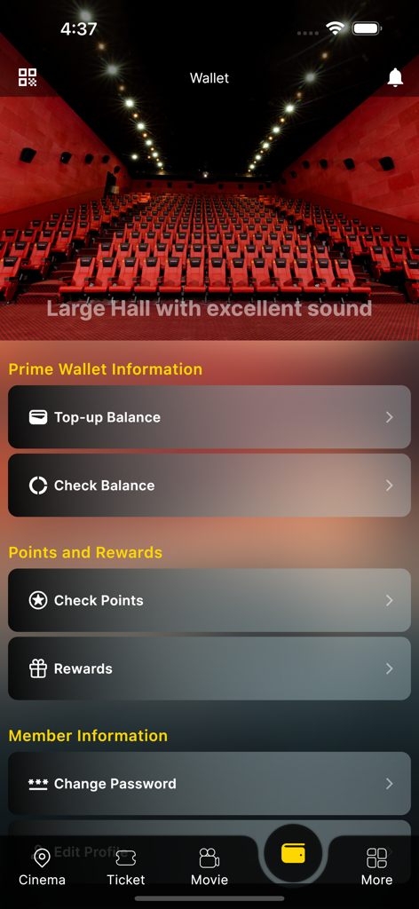 Prime Cineplex mobile app wallet screen showing member rewards and balance options