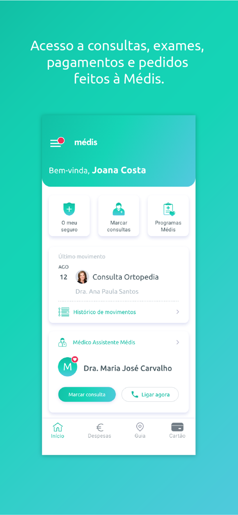 Tela inicial do aplicativo móvel Médis mostrando histórico médico e opções de consulta médica.