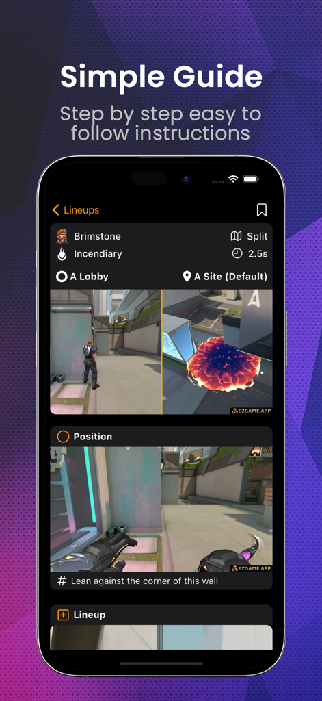 ValoGuide - Valorant Lineups - Tutoriel étape par étape pour une lineup d'incendiaires de Brimstone sur la carte Split dans ValoGuide
