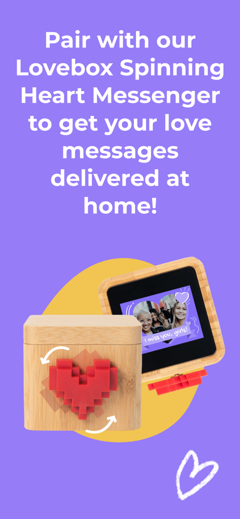 Lovebox - Long Distance Love - A wooden Lovebox device with a red spinning pixel heart and a screen displaying a photo and a heartfelt message.