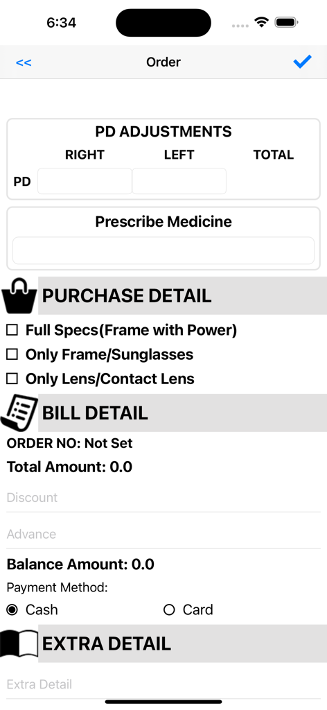 Mobi Optical app screen showing optical order details and billing information