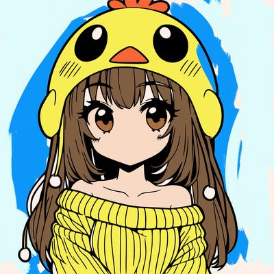 anime girl with chick shaped hat with sweater with bare shoulders with bangs covering them one eye with low tail