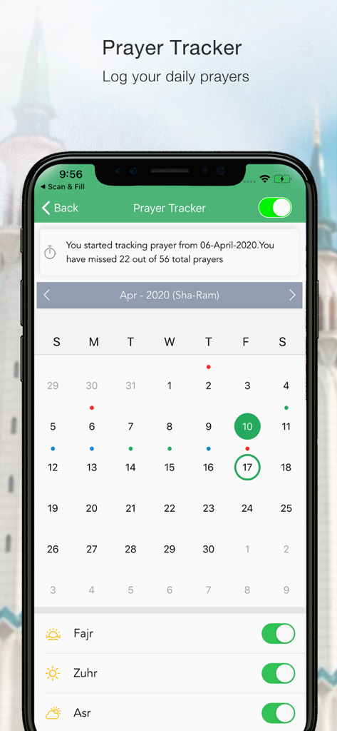 Islamic Prayer Times app screen showing a calendar-based Salah tracker for logging daily prayers