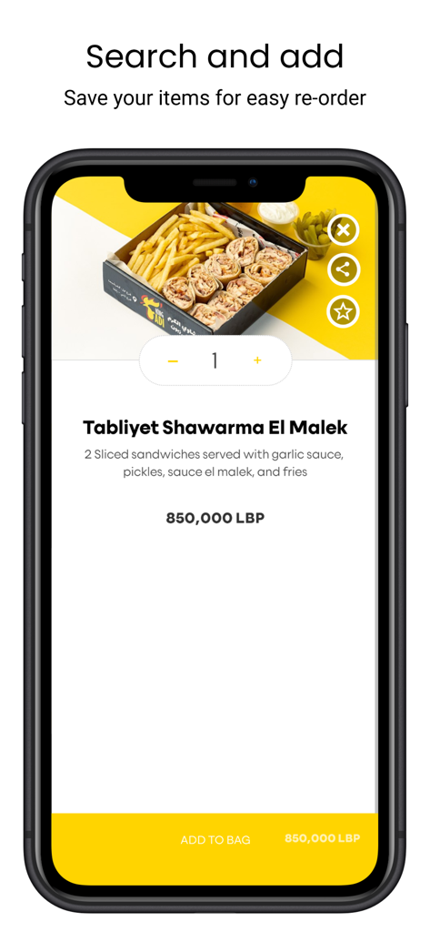 King Fadi - Detail view of a shawarma meal with add to bag button in the King Fadi app