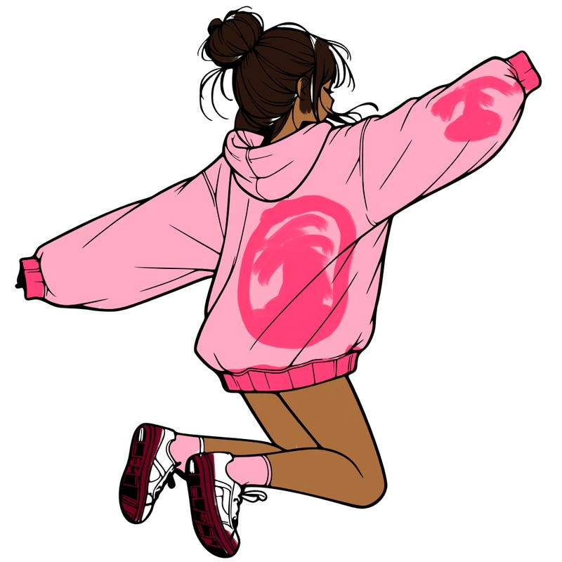 realistic girl jumping with a bun and oversized sweatshirt