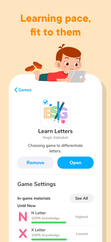 Otsimo | Special Education 1+ - Interfaz de la aplicación Otsimo que muestra la configuración personalizada del juego y el seguimiento del progreso de un niño que aprende las letras