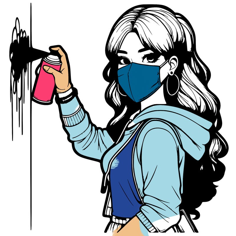 realistic girl with mask spray painting a wall