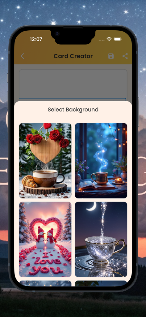 Good Morning greetings - A selection screen for choosing greeting card backgrounds including romantic winter scenes and cozy coffee themes
